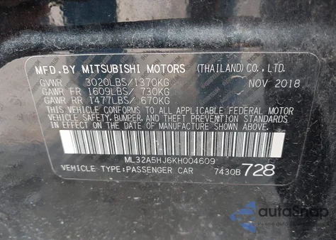 2019 Mitsubishi Mirage Le из США, поврежденный, VIN ML32A5HJ6KH004609